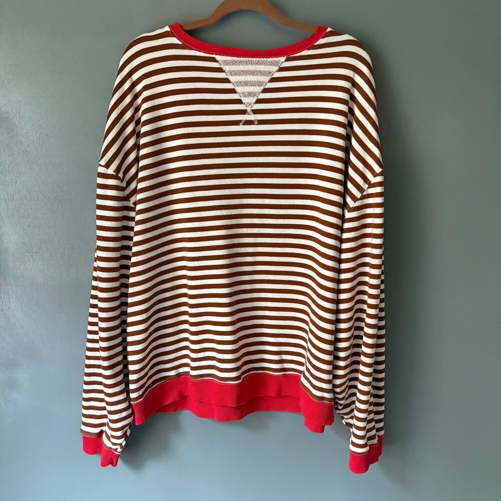 Free People Brown and White Striped Sweatshirt with Red Trim